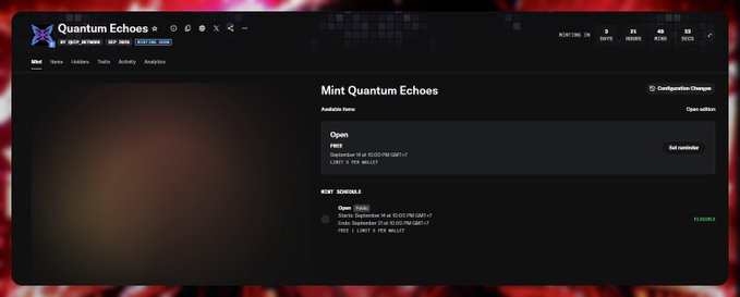 Screenshot of a NFT marketplace webpage for 'Quantum Echoes' showing a 'Mint Quantum Echoes' section with an Open edition priced at 0.000 Free, with LIMIT 9, 999 MINT
