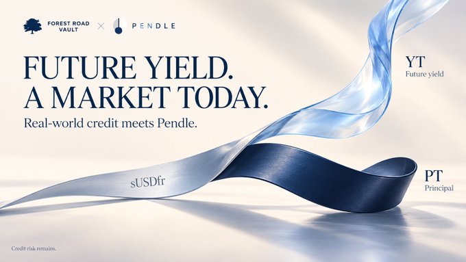 A promotional banner for 'Forest Road Vault x Pendle' titled 'FUTURE YIELD. A MARKET TODAY.' featuring sUSDfr and PT/YT token visuals.