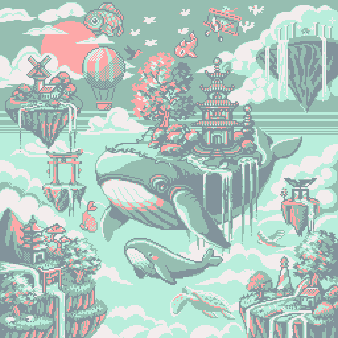 A pixel art illustration in a teal and pink color palette depicting a fantasy sky scene with a giant whale, floating islands, a pagoda, hot air balloons, and a biplane.