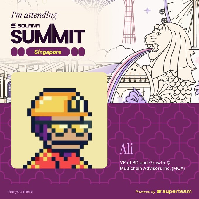 A Solana Summit Singapore event badge for 'Ali', VP of BD and Growth at Multichain Advisors Inc. (MCA), featuring a pixel art character with a construction helmet, powered by Superteam.