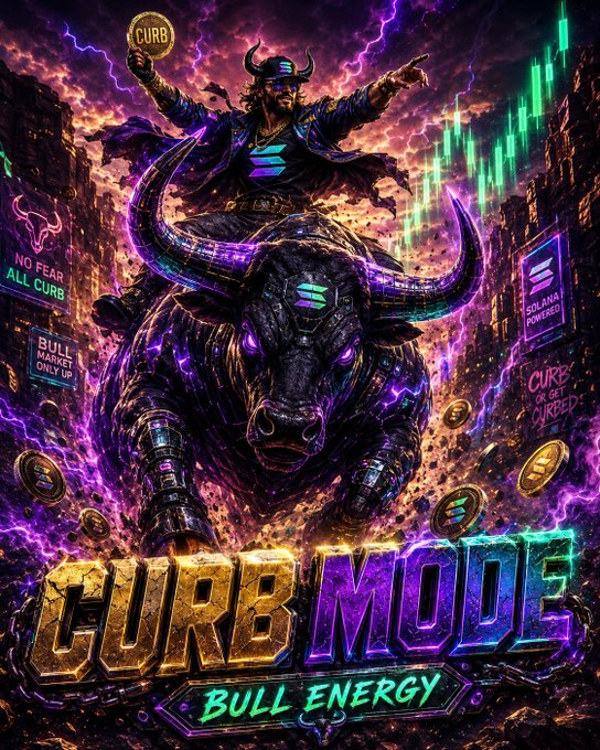 Vibrant crypto promotional artwork titled 'CURB MODE BULL ENERGY' depicting a horned figure riding a glowing purple bull with text including 'NO FEAR ALL CURB', 'BULL MARKET ONLY UP', 'SOLANA POWERED', and 'CURB OR GET CURBED'.