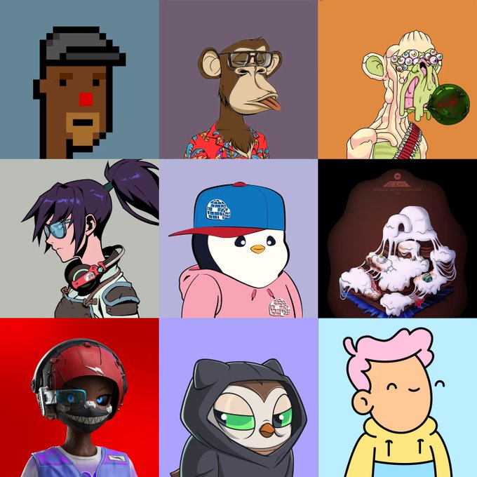 A 3x3 grid displays various NFT-style digital artwork portraits, including pixel art, anthropomorphic animals, anime characters, and cartoon figures, each set against different colored backgrounds.