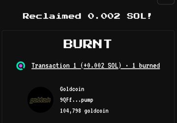 A dark-themed interface displays a "BURNT" transaction confirmation showing "Reclaimed 0.002 SOL!" with one completed transaction for the token "Goldcoin" (contract 9QF...pump), noting 104,798 goldcoin burned—aligning with the post's report of a 104k $goldcoin buyback and burn as part of daily token improvement efforts.