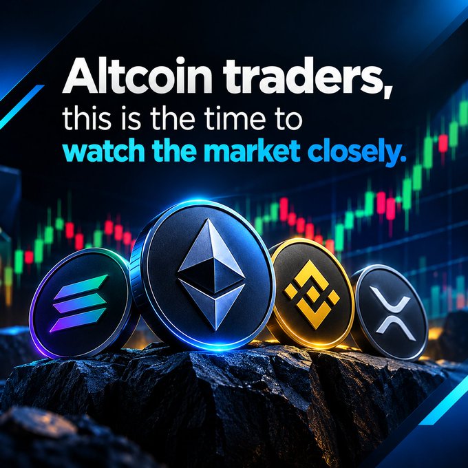 A crypto-themed graphic reads “Altcoin traders, this is the time to watch the market closely.” Large coin icons appear in front of green and red trading candlesticks.