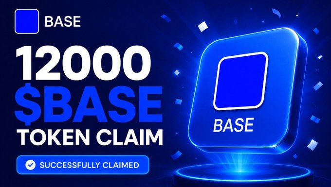 A promotional graphic for a BASE token claim showing '12000 $BASE TOKEN CLAIM' with a 'SUCCESSFULLY CLAIMED' button and a blue 3D BASE logo.