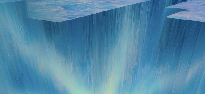 A digital illustration of a massive blue waterfall with stepped, geometric cliff edges cascading down, accented by hints of yellow and pink light at the base.