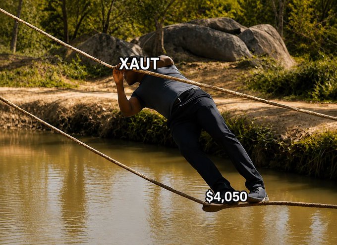A man balances precariously on a tightrope stretched over water, wearing gear labeled "XAUT" with a price tag of "$4,050," visually mirroring the precarious balancing act the crypto market feels like during these promotional trading events.