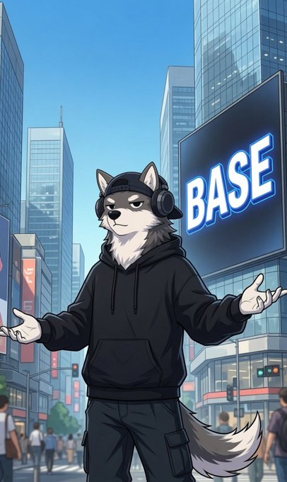 The image features a cartoon depiction of a man wearing headphones and standing in front of a large neon sign that says "Base" written in blue letters. The man appears to be a wolf or a dog, depending on the interpretation. He has his arms outstretched as if he's ready for an adventure or is about to embark on a journey.

In the background, there are several people walking around and interacting with each other, suggesting that this scene takes place in a busy urban setting. The image also contains text elements such as "Gm and happy weekend @base builders." This could be interpreted as a reference to the popular video game series Base, which is known for its creative and engaging gameplay mechanics.

The overall atmosphere of the image seems to be one of excitement and anticipation, with the man in the center being the main focus due to his unique appearance and the context provided by the surrounding environment.