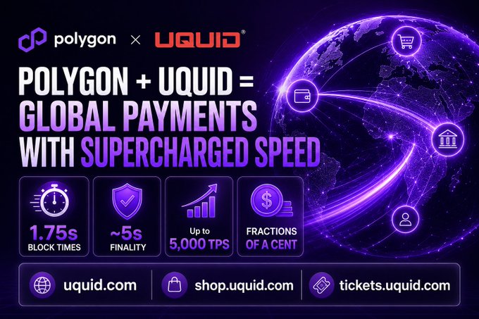 A promotional graphic for the Polygon and UQUID partnership highlights global payments with "1.75s block times," "~5s finality," and "up to 5,000 TPS," visually reinforcing the post's message about seamless payments powered by the Polygon Open Money Stack.