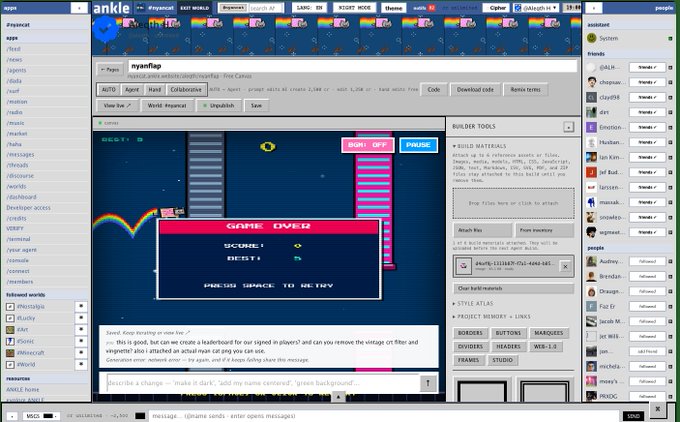 A screenshot of an Ankle website displaying a video game level in the platform builder Ankle, with a 'GAME OVER' screen visible and various navigation menus and friends lists around the interface.