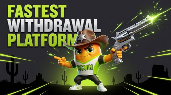 An animated graphic advertises 'FASTEST WITHDRAWAL PLATFORM' featuring a cartoon mascot wearing a cowboy hat and a shirt labeled 'WCOIN' holding a silver revolver with green glowing effects.