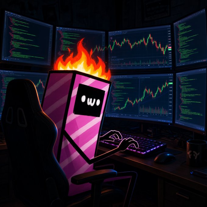 A cartoon pink character with a face on its body sits intensely focused at a multi-monitor trading setup displaying candlestick charts and code, with flames blazing atop its head—visually capturing the "insanely locked in phase 2" grind of deep-focus trading or coding work.