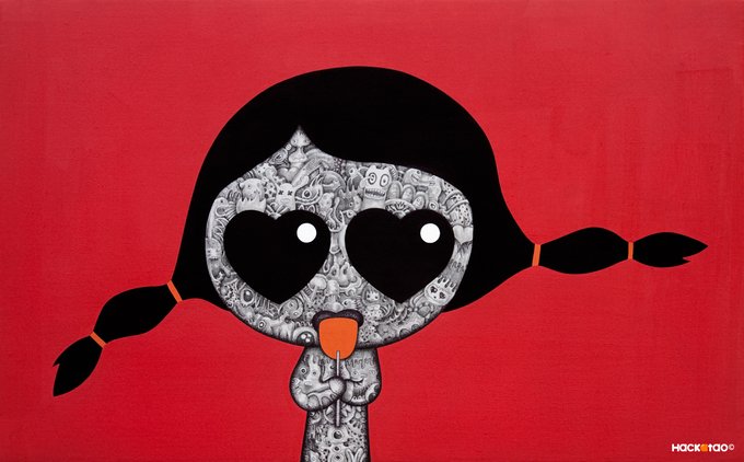 An illustration by HOCKI TOO of a stylized girl with black pigtails wearing a heart-shaped sunglasses, with a gray doodle-covered face, licking a red lollipop against a red background.