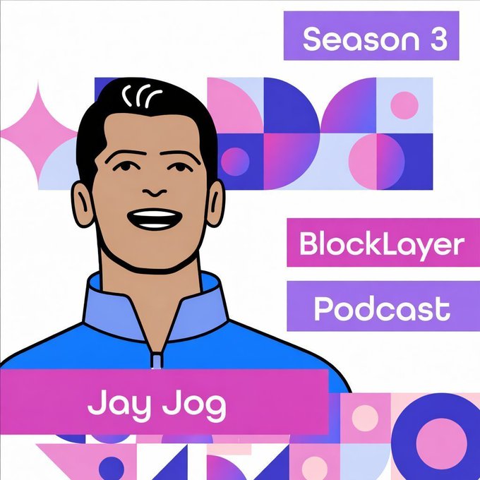 A stylized cartoon illustration of Jay Jog in a blue jacket serves as cover art for Season 3 of the BlockLayer Podcast, featuring geometric pink and purple shapes in the background. The image visually introduces the episode's guest, Jay Jog, Founder of Sei Network, whose background in traditional finance at Robinhood and blockchain expertise is highlighted in the post.