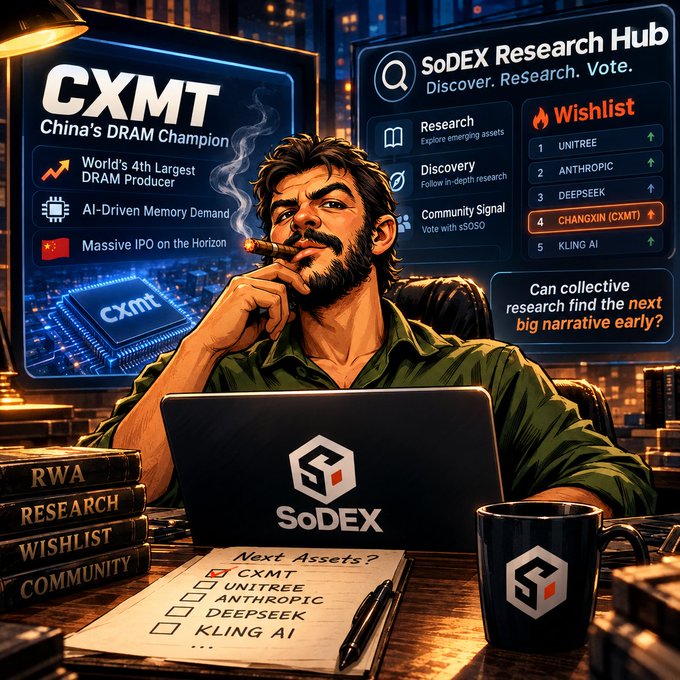A bearded man sits at a desk smoking a cigar while working on a SoDEX-branded laptop, surrounded by monitor displays highlighting "CXMT: China's DRAM Champion" as the World's 4th Largest DRAM producer and showing the SoDEX Research Hub Wishlist where CXMT (Changxin) ranks #4 alongside Unitree, Anthropic, Deepseek, and Kling AI. The scene visualizes the post's narrative of the SoDEX community collectively identifying CXMT's early investment potential amid AI memory demand, China's semiconductor independence efforts, and an anticipated IPO.