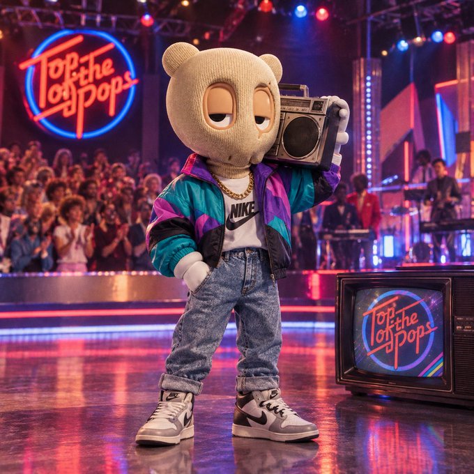 A 3D-rendered bear character wearing a colorful windbreaker, Nike shirt, gold chain, and Air Jordans stands on a stage holding a boombox, with a 'Top of the Pops' neon sign and an old television in the background.