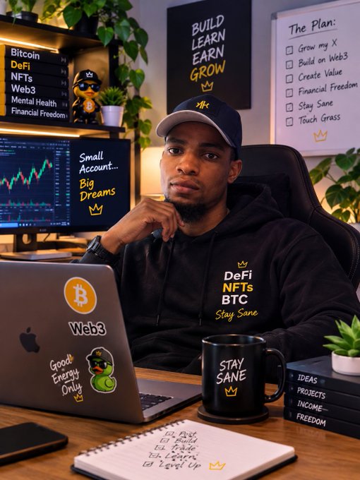 A man wearing a cap and 'DeFi NFTs BTC' hoodie sitting at a desk with a Bitcoin/Web3 laptop, financial charts on monitors, motivational posters reading 'BUILD LEARN EARN GROW' and 'The Plan', and a 'STAY SANE' mug.