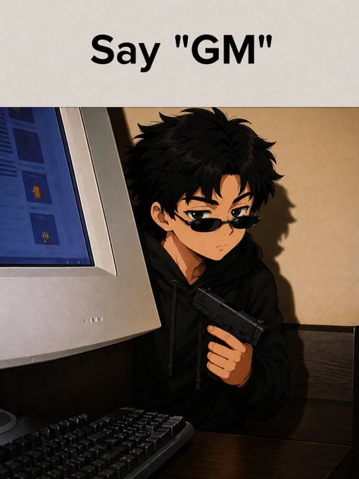 Anime-style image with text "Say \"GM\"" showing a dark-haired character holding a gun next to a computer.