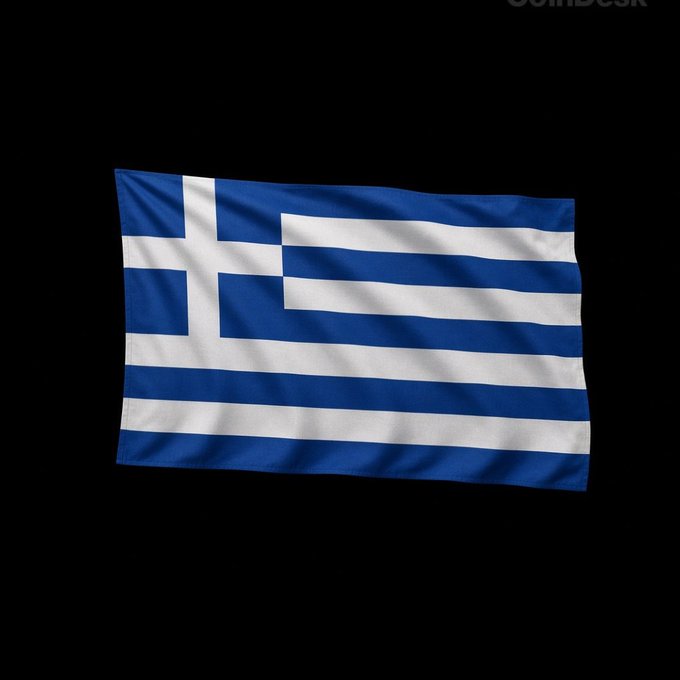 A waving flag of Greece against a black background. The image illustrates the accompanying post about Greece proposing a 10% capital gains tax on cryptocurrency profits, with annual gains up to €500 ($560) exempt.