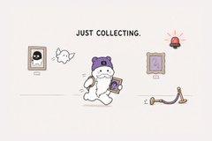A cartoon illustration shows a white cat wearing a purple beanie collecting digital items, with the text 'JUST COLLECTING.' above it.
