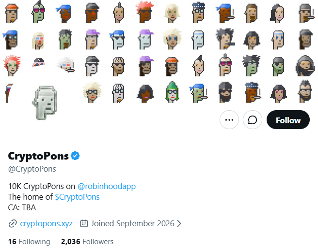A Twitter/X profile for the verified account @CryptoPons displaying pixel-art avatars, reading '10K CryptoPons on @robinhoodapp. The home of $CryptoPons. CA: TBA' with 2,036 followers.