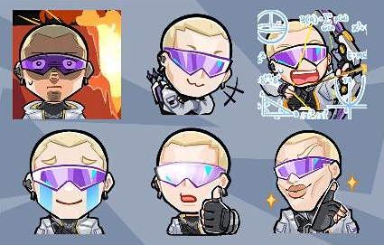 A collage of six chibi-style illustrations featuring a blonde character with purple reflective sunglasses displaying different emotions: serious, smiling with a gun, crying with blue tears, giving a thumbs up, and smirking.