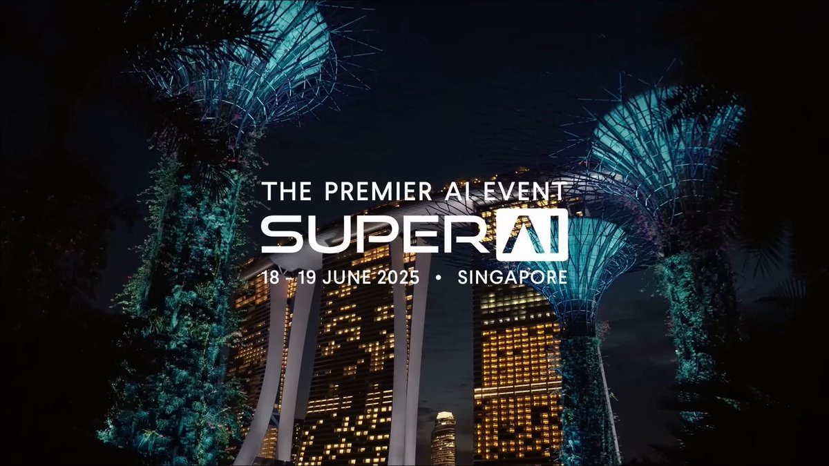The image features two tall buildings with blue lights at night, surrounded by trees. The text "THE PREMIER AI SUPER AI" is displayed above the scene, along with the dates "19 JUN 2025" and "SINGAPORE". The image also includes a caption that reads "Focus on what is in the image and how it relates to the post", which suggests that there might be some connection between the buildings or the time frame.