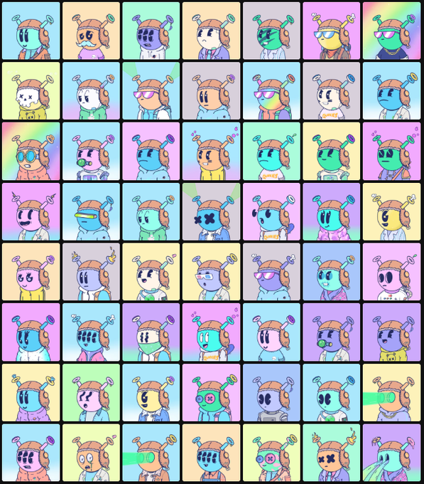 A colorful grid displaying numerous variations of a cartoon character with antennae, featuring different colors, expressions, and accessories.