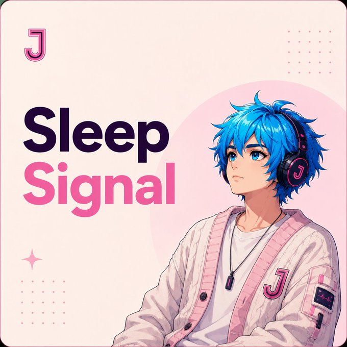 An anime-style illustration with 'J' logo branding featuring a blue-haired character wearing headphones and a white cardigan, with large text reading 'Sleep Signal' on a pink background.
