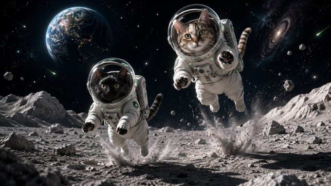 Two cats wearing astronaut suits run across a dusty lunar surface with Earth visible in the starry background and a spiral galaxy on the right.