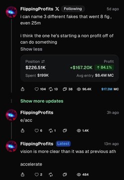 The screenshot shows a tweet from "FlippingProfits" discussing three fake accounts trying to figure out a figure, along with a position tracker showing a 541% profit (+$167.20K) on ticker "2T" with a $190K spent and an average entry of $8.44 MC. Below the main post, there's a brief "e/acc" tweet from the same account and another noting "vision is more clear than it was previous ath," consistent with the context describing FlippingProfits calling a 5x rally on $e/acc.