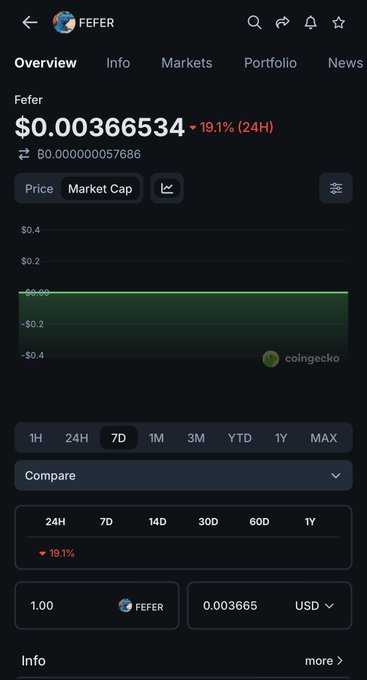 A CoinGecko mobile app screenshot showing the $FEFER token overview page with a current price of $0.00366534, down 19.1% in 24 hours, confirming the token's recent listing on the platform.