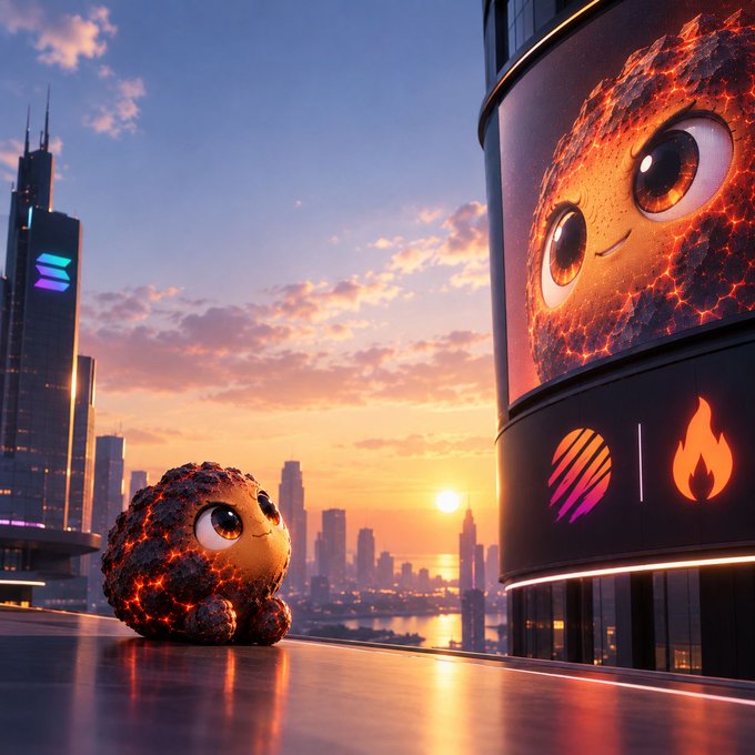 **Image 8:** A 3D-rendered cute lava/planet character with a cityscape at dusk.