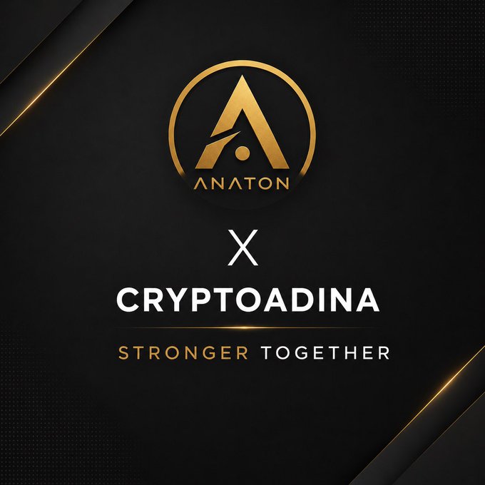 The image features a sleek promotional graphic announcing a partnership between Anaton Coin and Cryptoadina, displaying the Anaton logo in gold against a black background with the bold tagline "STRONGER TOGETHER" beneath an "X" connector symbol. The design aligns with the post's announcement of a new collaboration, emphasizing unity between the two entities.