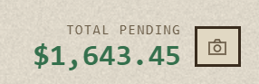 A minimalist graphic on a textured white background showing a digital display reading 'TOTAL PENDING $1,643.45' in green text alongside a small lit candle icon.