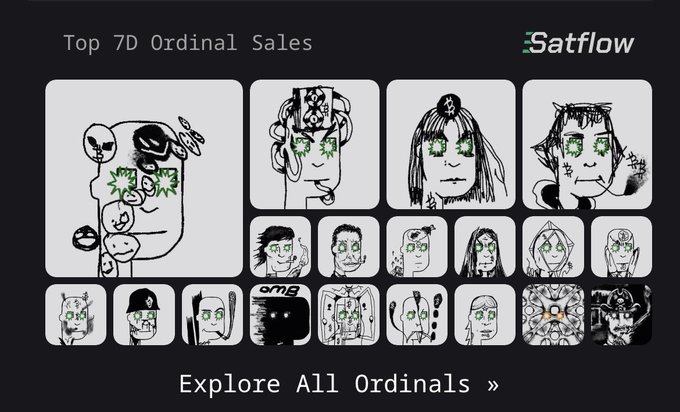 Satflow promotional graphic titled 'Top 7D Ordinal Sales' displaying a grid of black-and-white illustrated character portraits with green dollar bill eyes, with a call-to-action 'Explore All Ordinals »' at the bottom.