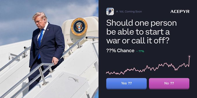 An image of Donald Trump descending from Air Force One appears on the left, while the right side shows a prediction market on 'ACEPYR' posing the question 'Should one person be able to start a war or call it off?' with 'Yes' and 'No' buttons.