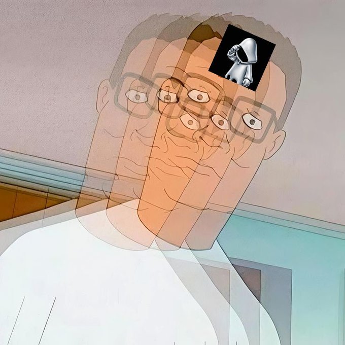 The picture features the classic "Hank from King of the Hill" confused/overwhelmed meme, with his multiple stacked faces conveying extreme bewilderment, while a Discord logo replaces one of his eyes — visually capturing the post's humor about the crypto trading bot being completely overwhelmed by users racing to send $MOTTON.
