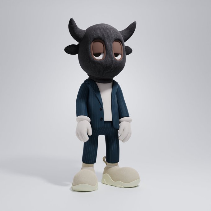 A 3D rendered cartoon character featuring a black horned bull-like head with sleepy eyes, dressed in a navy pinstripe suit, white gloves, and oversized cream-colored shoes, standing against a plain light gray backdrop.