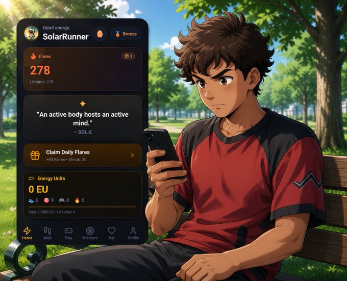 The image features a man sitting on a bench, looking at his cell phone. The man appears to be reading something on his phone screen or using an app. In the background of the image, there are trees that add a natural element to the scene. The caption for the image reads "GM CM Happy Eid Mubarak form the SOL-E team Enjoy your day and may it be full of laughter Let'S build a better world together with @SolEcobot Can I get a GM back".