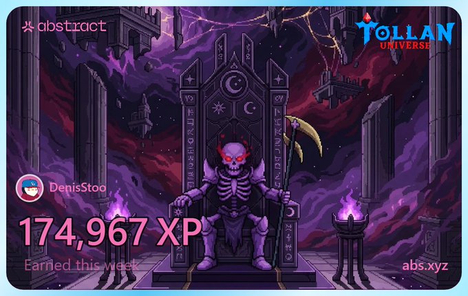 An Abstract/Tollan Universe gamified achievement card showing user 'DenisStoo' earned 174,967 XP this week, featuring a purple skeleton on a throne.
