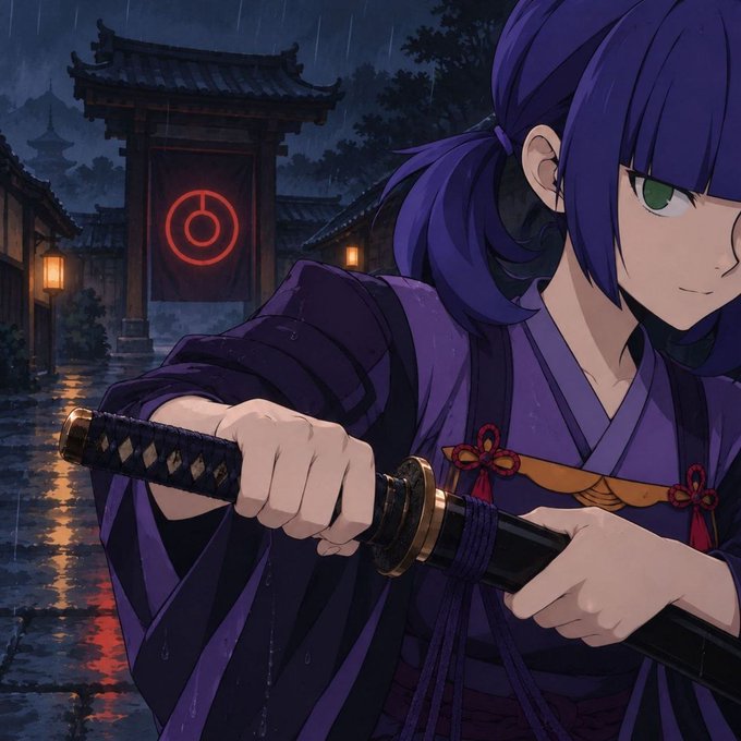 An anime-style illustration of a purple-haired character in traditional Japanese attire drawing a katana in a rainy setting with a glowing red symbol on a banner.