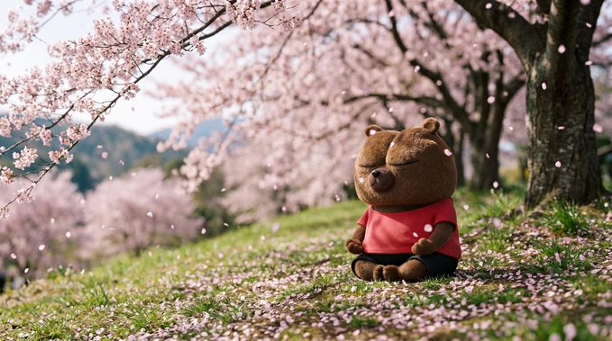 The image features a brown teddy bear sitting on a grassy field with pink flowers around it. The background of the photo shows trees and mountains, creating an overall serene atmosphere. The caption "POV: You're a Bobo holder during red days and green days, actually every day!" suggests that the teddy bear is associated with the popular animated character Bobo from the movie "Boba Fett."