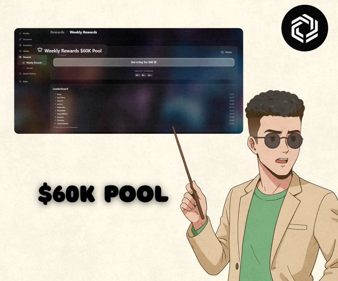 The image features an illustration of a man wearing sunglasses, holding a wand or pointer, and standing next to a poster with text that reads "Why do you need to Complete Quests? That's because of the Weekly Rewards on @Immutable Play - Play a Game on Immutable - Finish Quests - Rack up your Key Tiers - Claim a Key Don' t overcomplicate it but JUST PLAY". The man in the image is likely promoting an online game or platform that rewards players for completing tasks, and he is using his wand to emphasize this point.