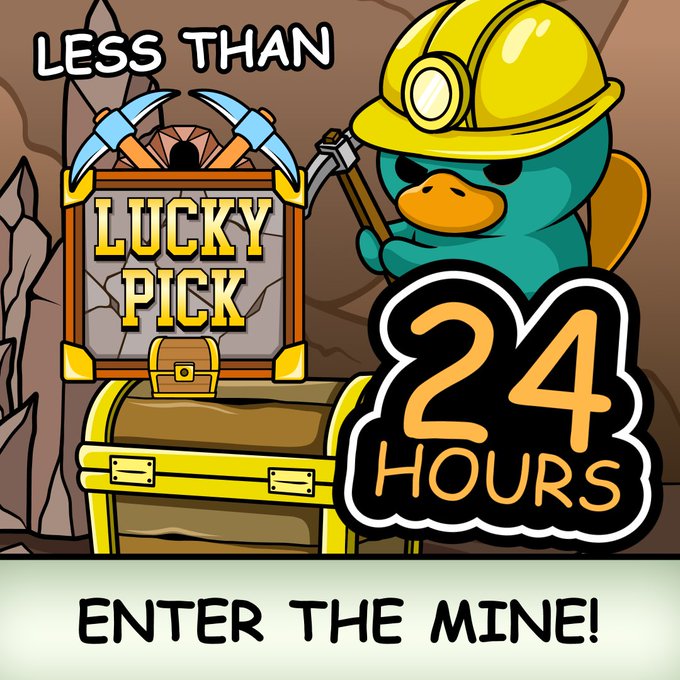 A cartoon promotional graphic features a duck miner character in a yellow hard hat with pickaxes, advertising 'LESS THAN LUCKY PICK' and '24 HOURS ENTER THE MINE!'.