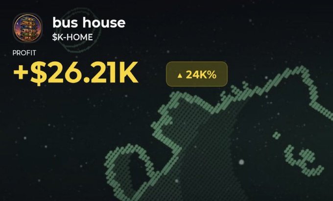A dark dashboard displays 'bus house' token data with a profit of '+$26.21K', a '24K%' increase badge, and a green pixel-art rocket ship graphic.