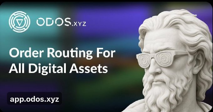 The image features a white statue with glasses placed over its eyes, giving it an intellectual or wise appearance. The background of the image has a gradient effect, transitioning from purple at the top to blue at the bottom. Below the statue, there is text that reads "Order Routing for All Digital Assets" and "App.odos.yxz".