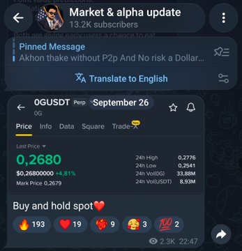 A Telegram channel post titled 'Market & alpha update' showing OGUSDT price at 0.2680 with a 4.81% increase, posted on September 26.