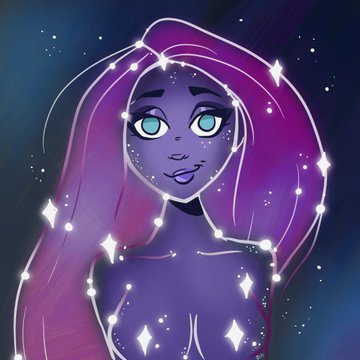 An NFT artwork by @MetaVixensNFT depicts a purple-skinned woman with teal eyes and long hair, surrounded by glowing white diamonds and star-like dots.