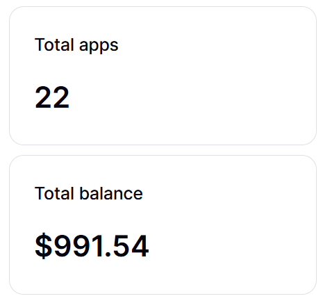 The image displays two summary cards showing "Total apps: 22" and "Total balance: $991.54," likely a screenshot from the Privy apps dashboard that the user references as a tool for tracking forgotten funds across platforms like Virtuals, Kaito, and TCG sites.